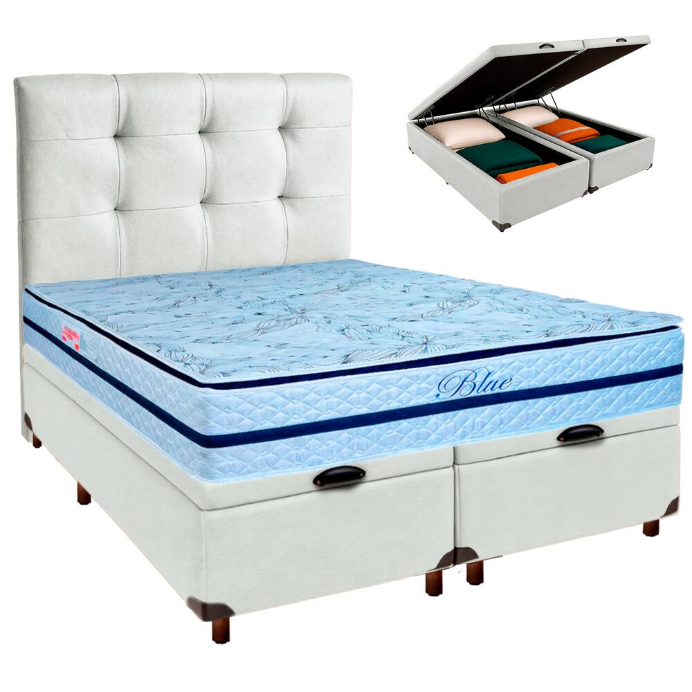 Conjunto Cama Box Bau Blindado Queen + Colchão Molas Ensacadas Blue Paropas + Cabeceira