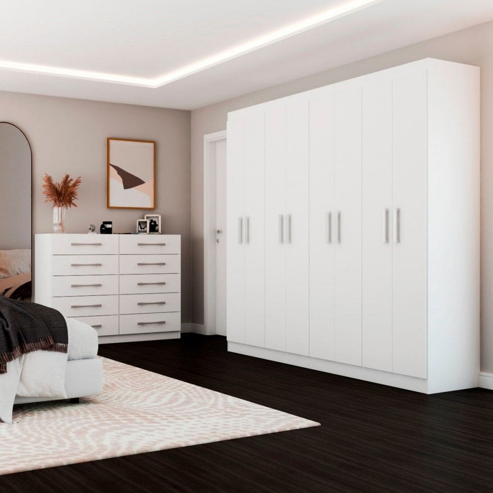 Guarda-Roupa Casal 8 Portas e Cômoda 10 Gavetas Branco - Pm