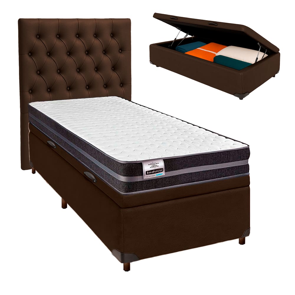 Cama Box Bau + Colchão Solteiro Molas Ultralastic Bogota Inducol + Cabeceira Estofada