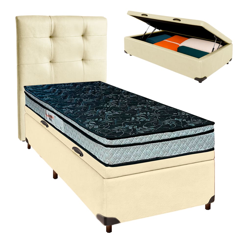 Conjunto Cama Box Bau Blindado Solteiro + Colchão D28 Conforto Paropas + Cabeceira