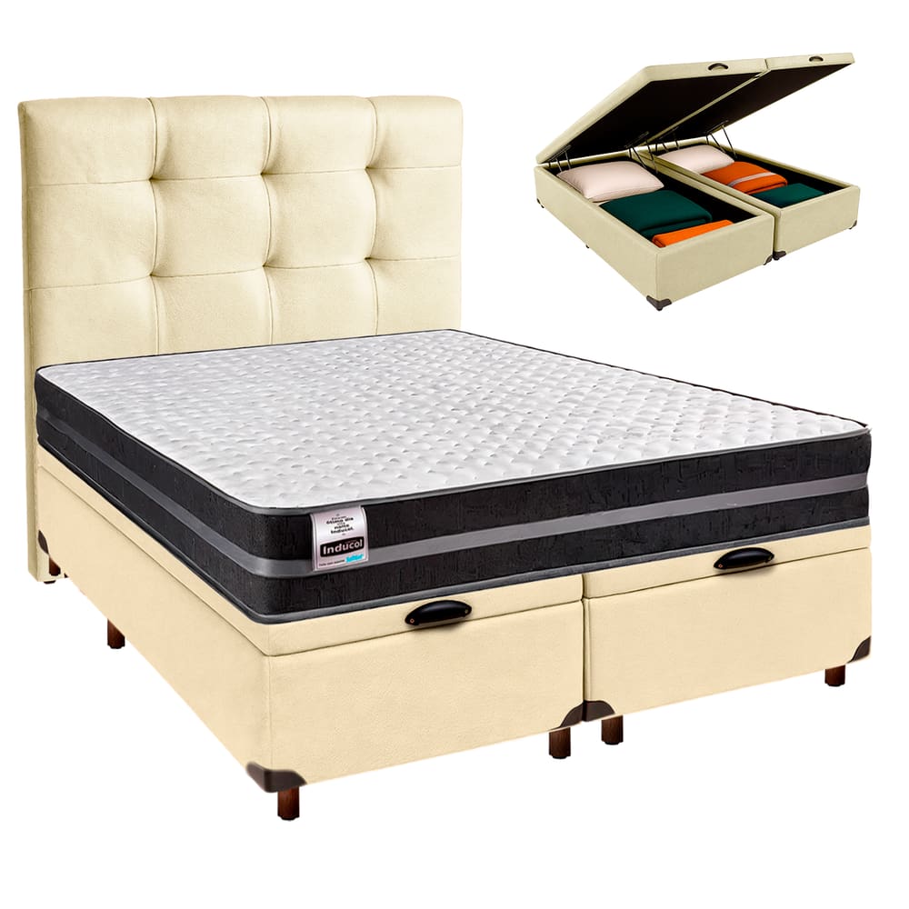 Cama + Bau Blindado e Colchão Molas Ultralastic Queen - Bogota Inducol + Cabeceira