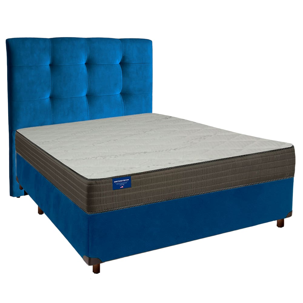 Conjunto Cama Box Azul Casal + Colchão D33 Orthotech Inducol + Cabeceira