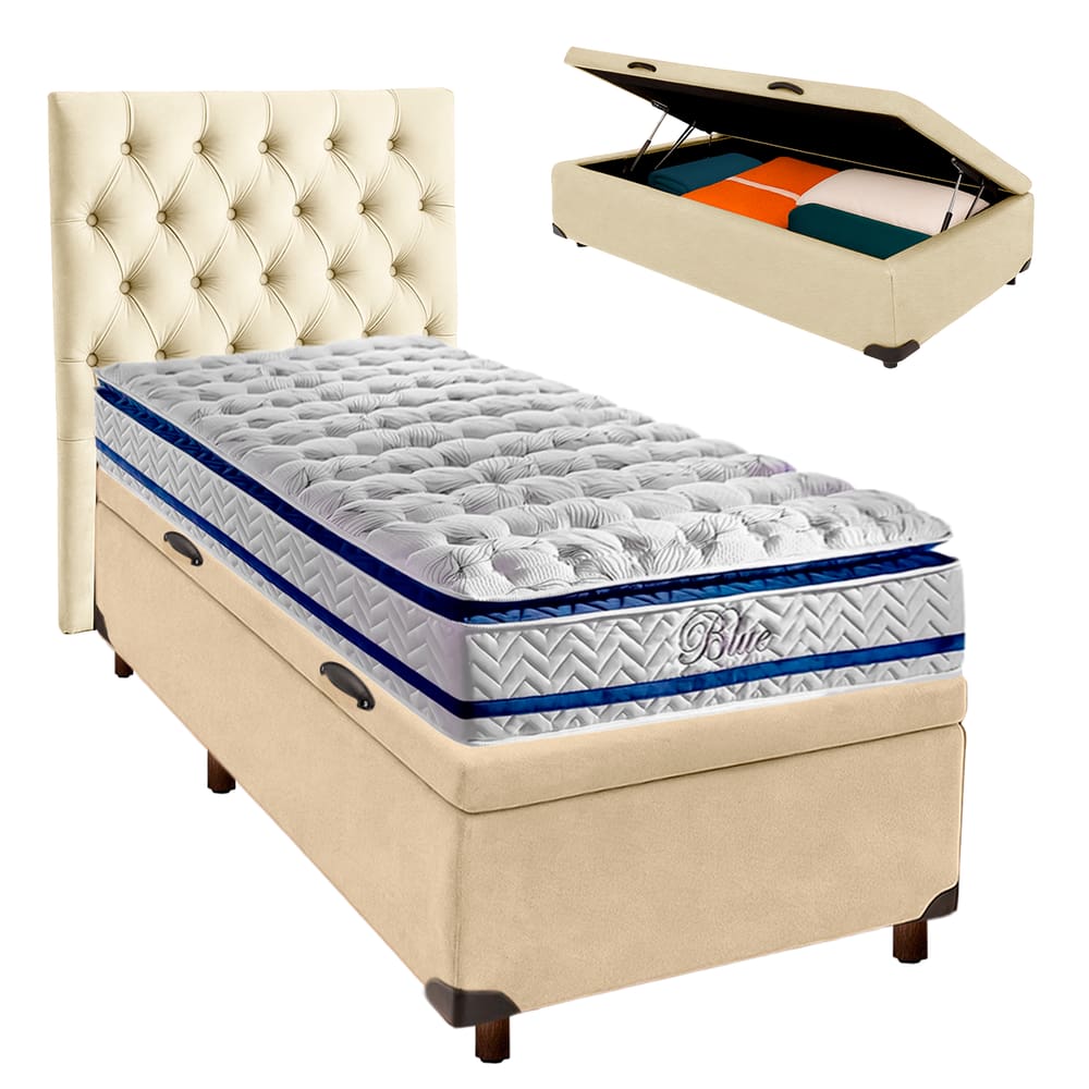 Cama Box Bau + Colchão Solteiro Molas Ensacadas Blue Paropas + Cabeceira Estofada