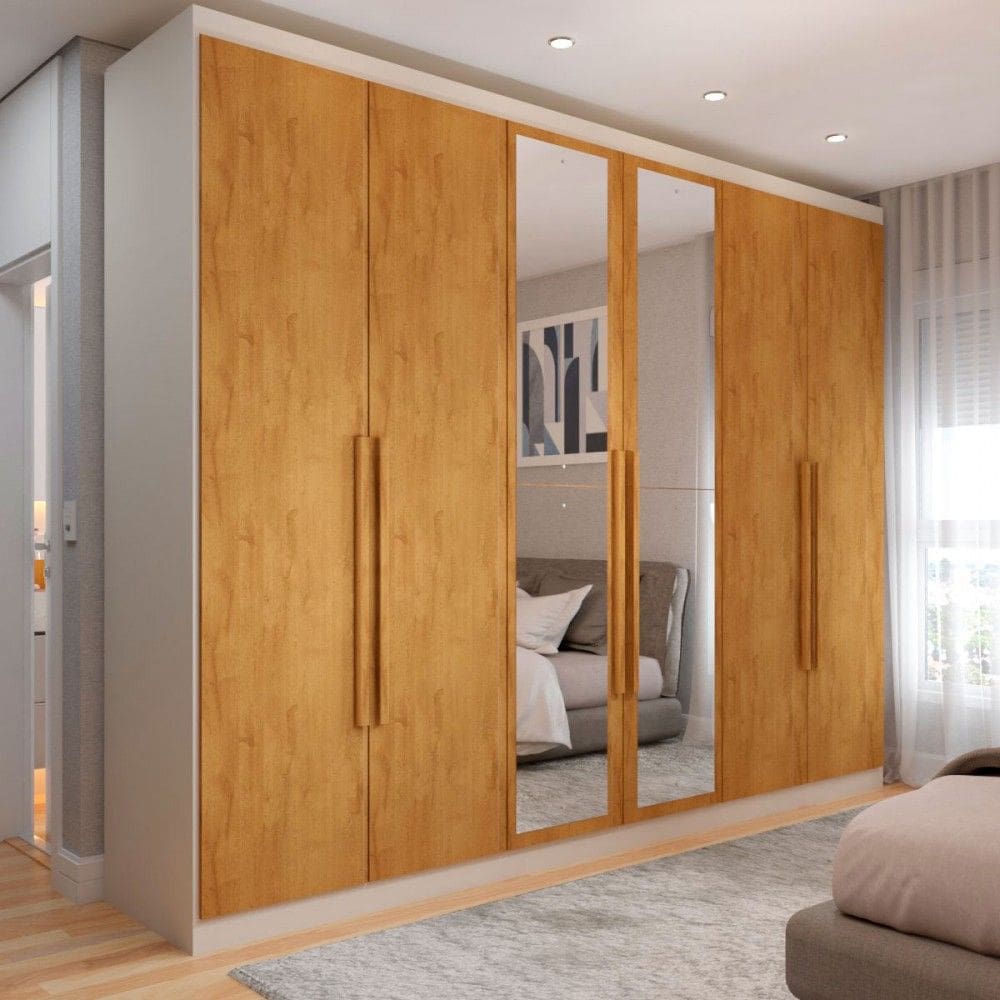 Guarda-Roupa Casal Madalena 6 Portas 4 Gavetas 100% Mdf com Espelho Off White/Peroba - Pm