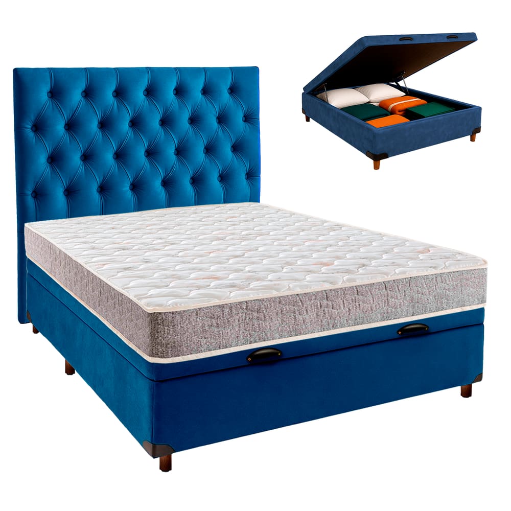 Cama + Bau Azul e Colchão D33 Casal - D33 Inducol + Cabeceira