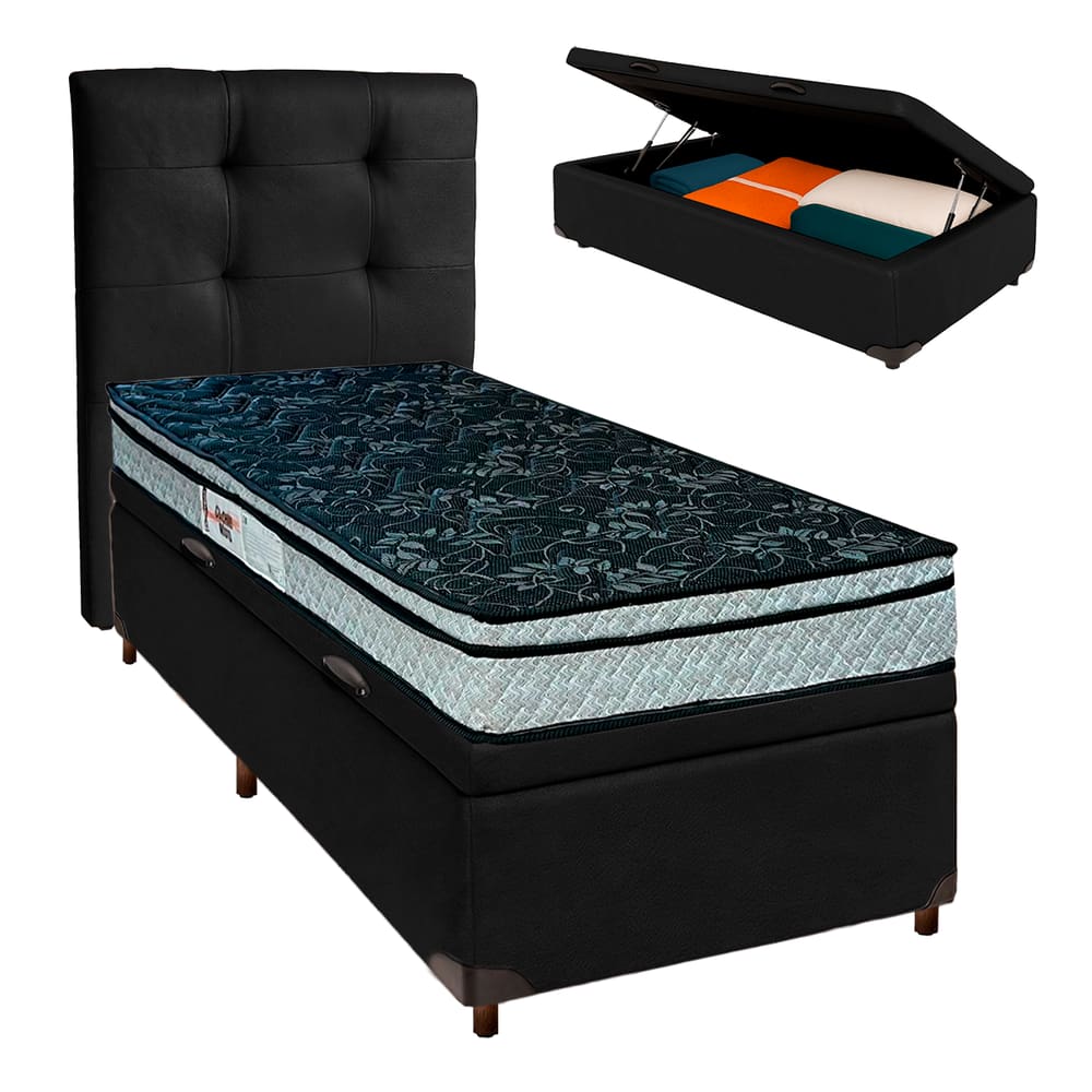 Cama Box Bau + Colchão Solteiro D28 Conforto Paropas + Cabeceira Estofada
