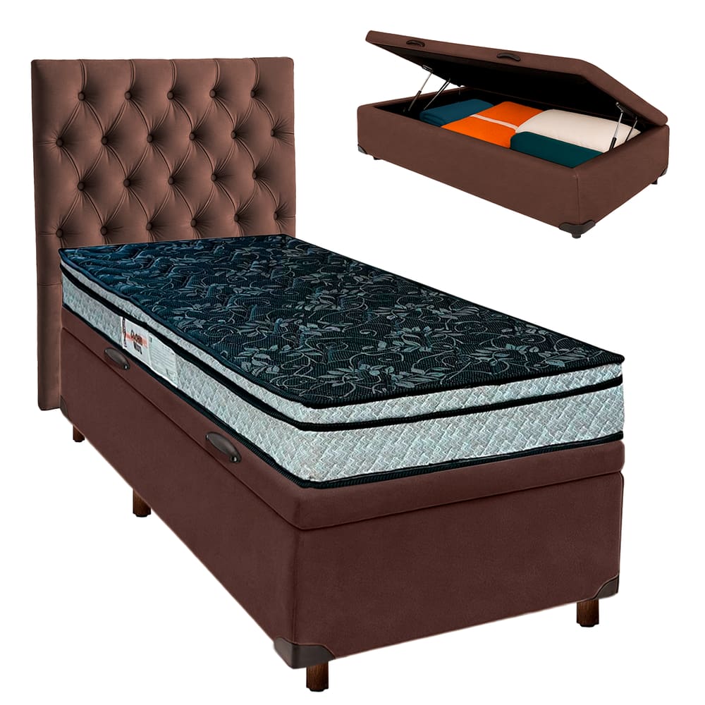 Cama Box Bau + Colchão Solteiro D28 Conforto Paropas + Cabeceira Estofada