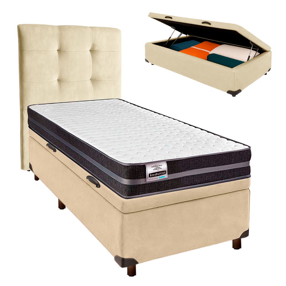 Conjunto Cama Box Bau Blindado Solteiro + Colchão Molas Ultralastic Bogota Inducol + Cabeceira