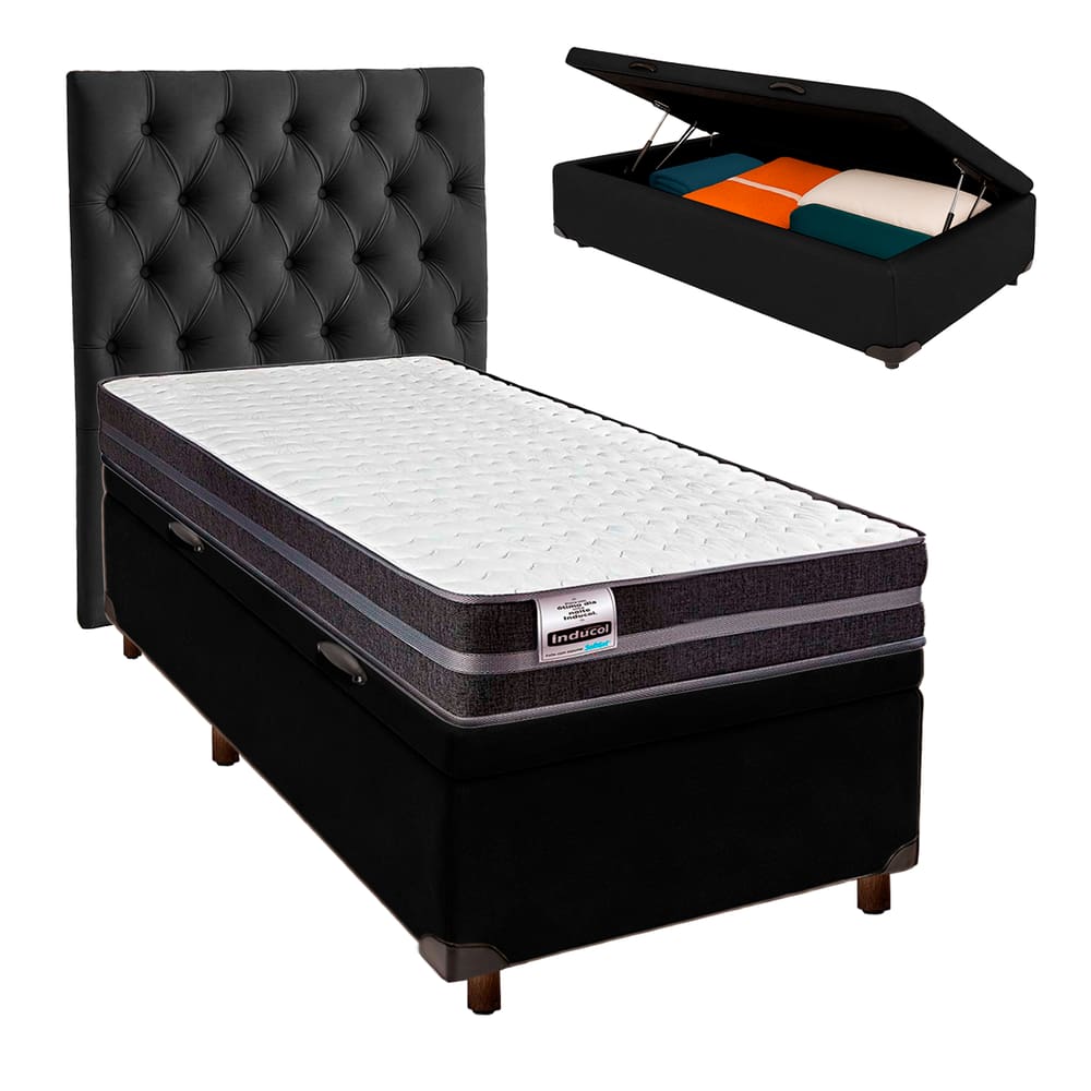 Cama Box Bau + Colchão Solteiro Molas Ultralastic Bogota Inducol + Cabeceira Estofada