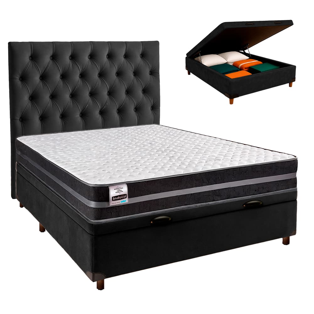 Cama Box Bau + Colchão Casal Molas Ultralastic Bogota Inducol + Cabeceira Estofada