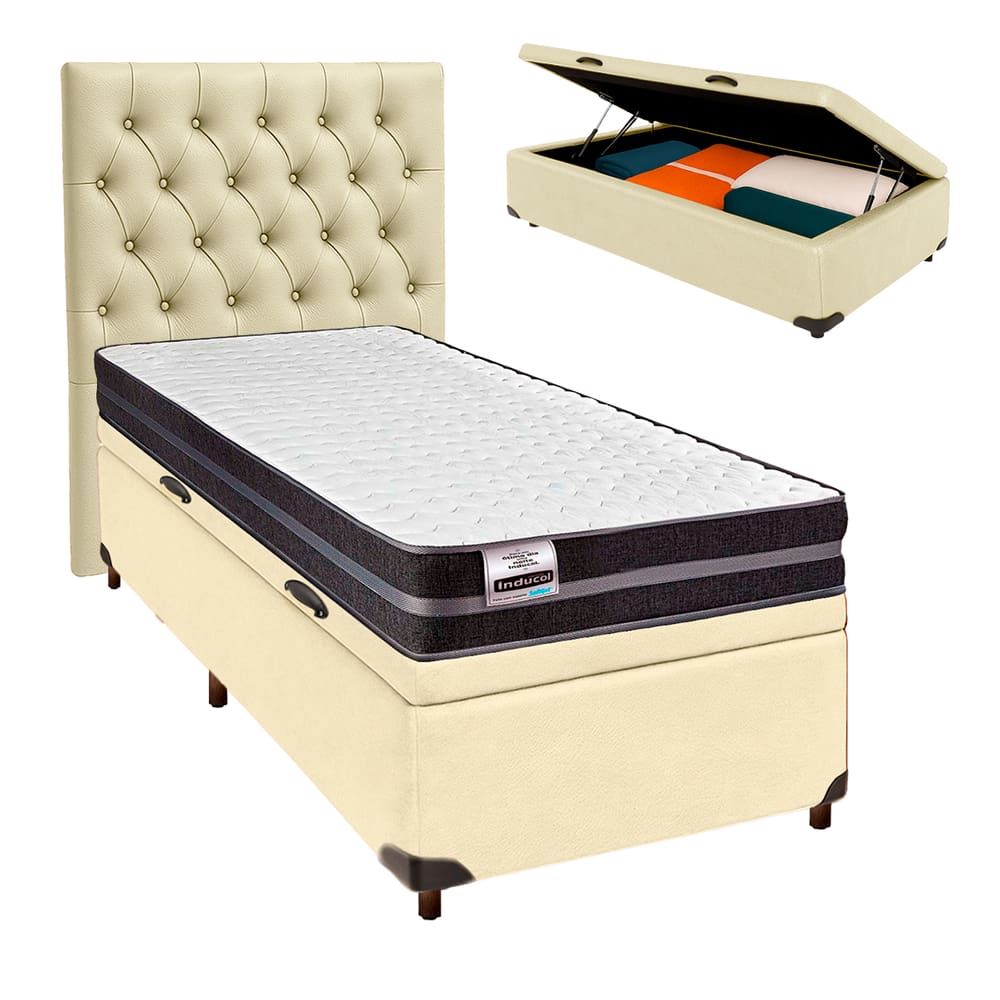 Cama Box Bau + Colchão Solteiro Molas Ultralastic Bogota Inducol + Cabeceira Estofada