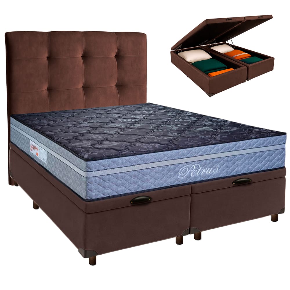 Kit Cama Box Bau + Cabeceira + Colchão Queen Molas Ensacadas - Petrus - Paropas