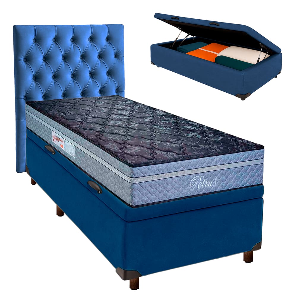 Cama Box Bau + Colchão Solteiro Molas Ensacadas Petrus Paropas + Cabeceira Estofada