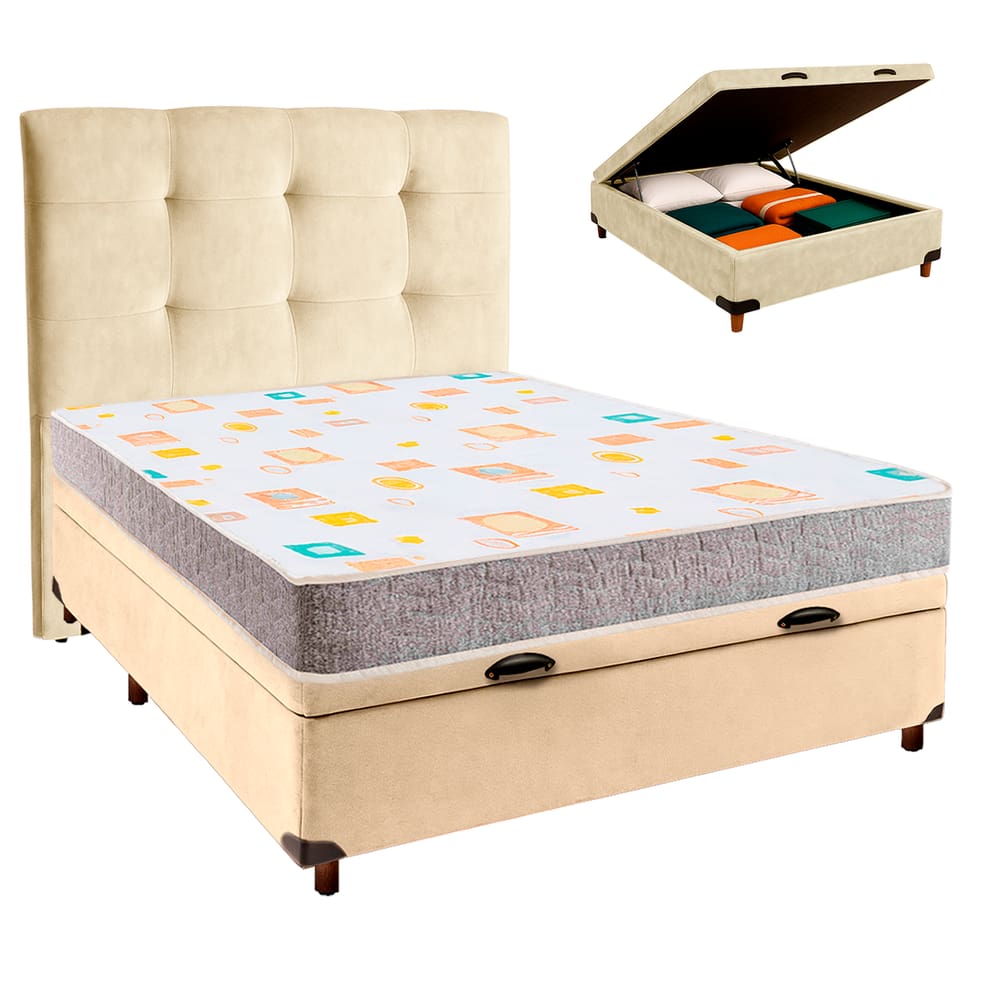 Cama + Bau Perola e Colchão D20 Casal - D20 Inducol + Cabeceira
