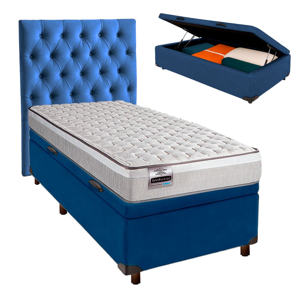 Kit Cama Box Bau + Cabeceira + Colchão Solteiro Molas Ensacadas - Hanover - Inducol
