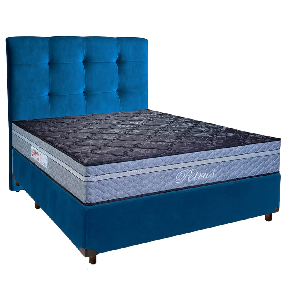 Cama + Box Azul e Colchão Molas Ensacadas Casal - Petrus Paropas + Cabeceira
