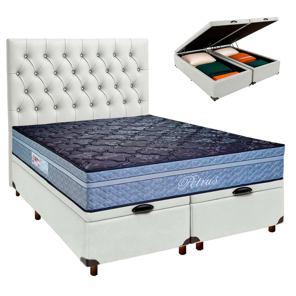 Cama Box Bau + Colchão Casal Molas Ensacadas Petrus Paropas + Cabeceira Estofada