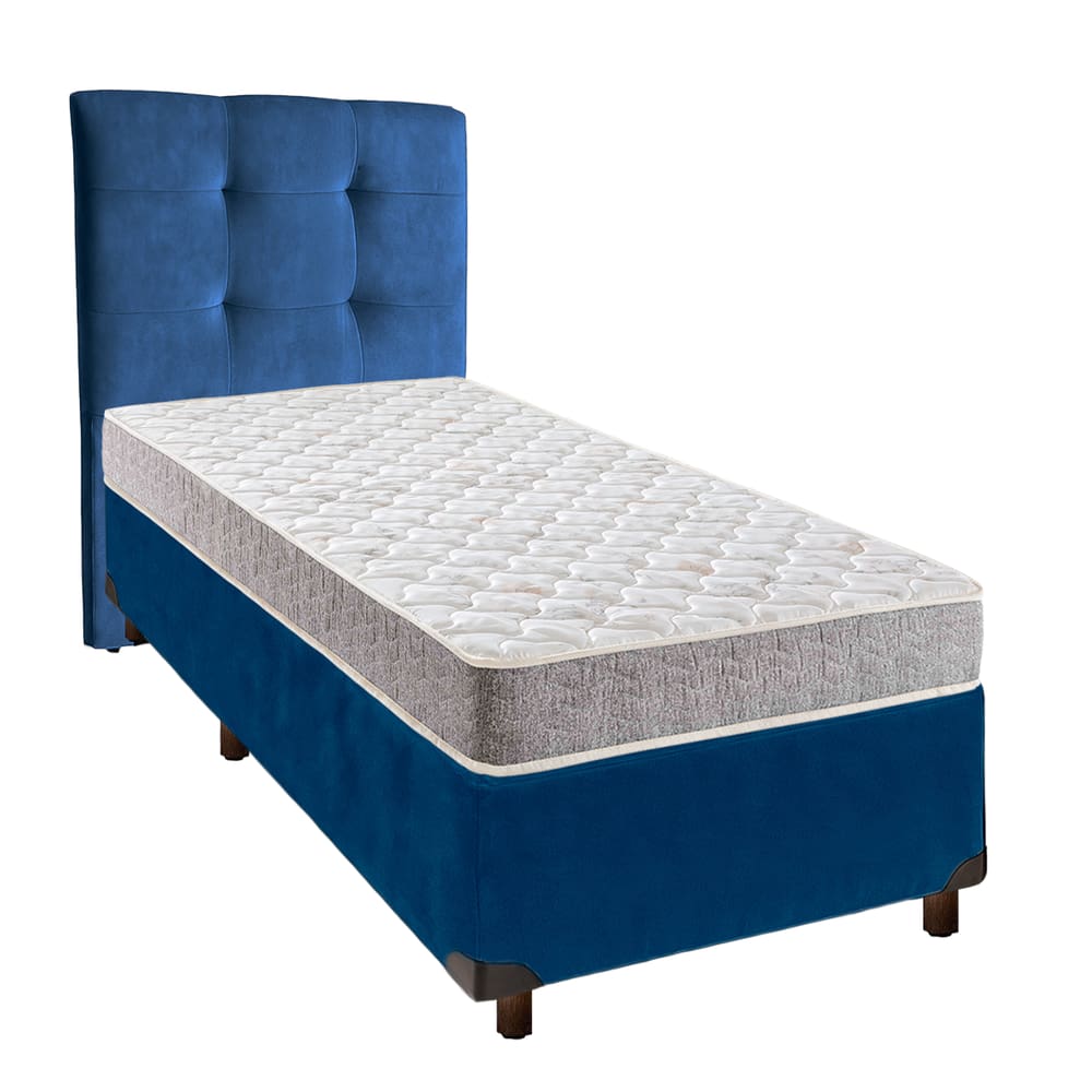 Conjunto Cama Box Azul Solteiro + Colchão D33 D33 Inducol + Cabeceira