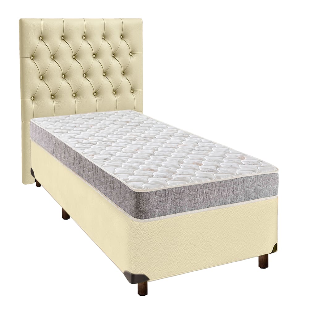 Cama + Box Bege e Colchão D23 Solteiro - D23 Inducol + Cabeceira