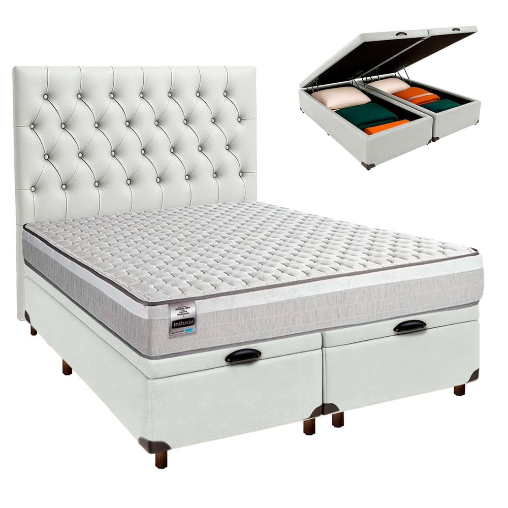 Cama Box Bau + Colchão Queen Molas Ensacadas Hanover Inducol + Cabeceira Estofada
