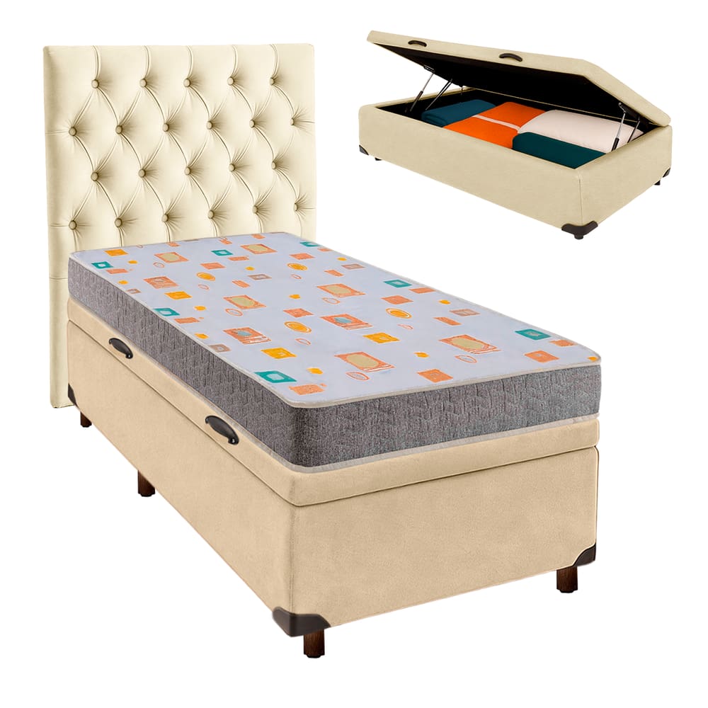 Conjunto Cama Box Bau Blindado Solteiro + Colchão D20 D20 Inducol + Cabeceira