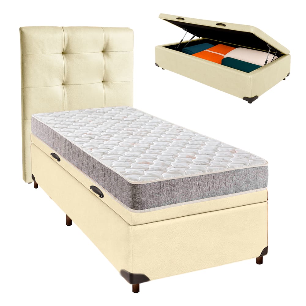 Cama Box Bau + Colchão Solteiro D23 D23 Inducol + Cabeceira Estofada