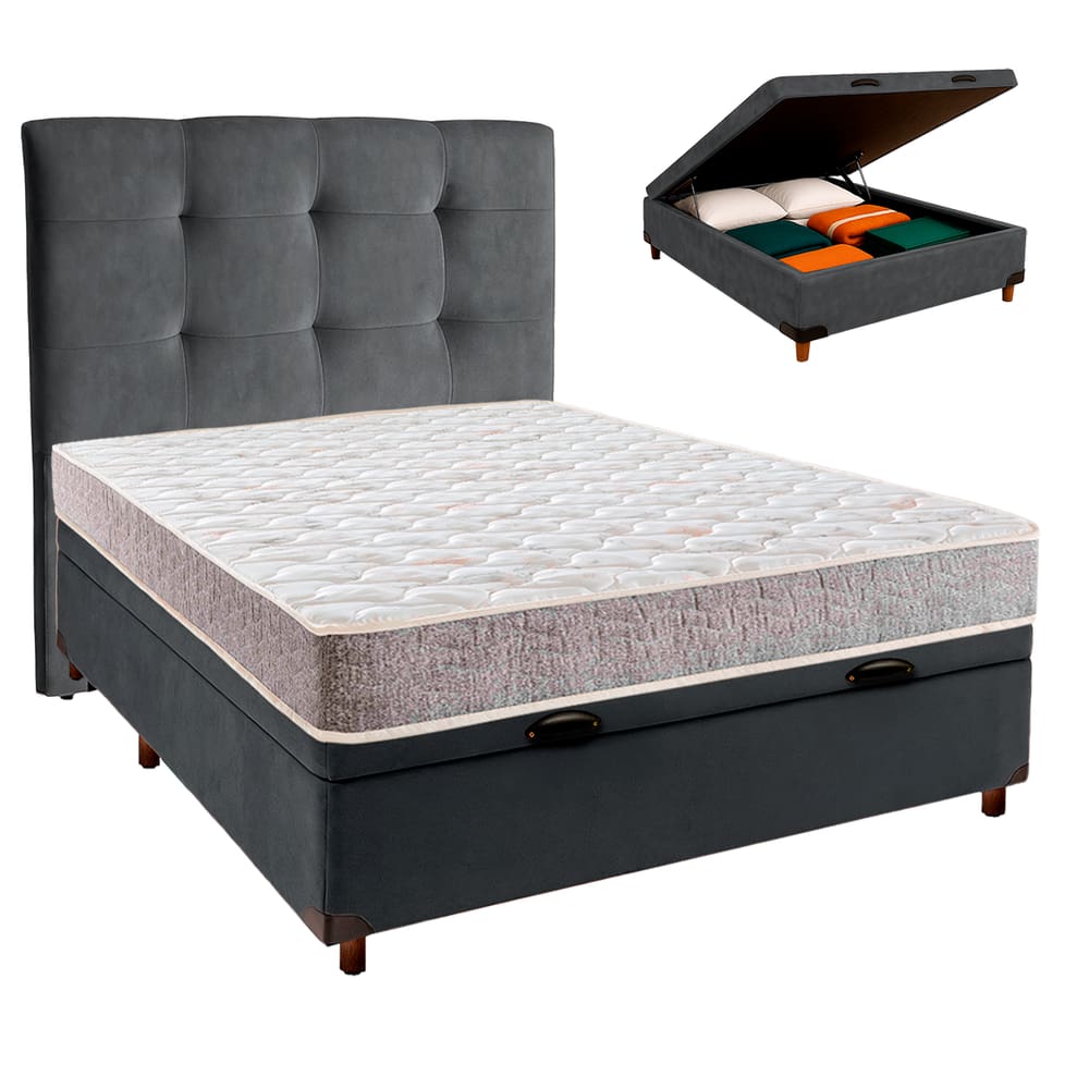 Cama Box Bau + Colchão Casal D33 D33 Inducol + Cabeceira Estofada