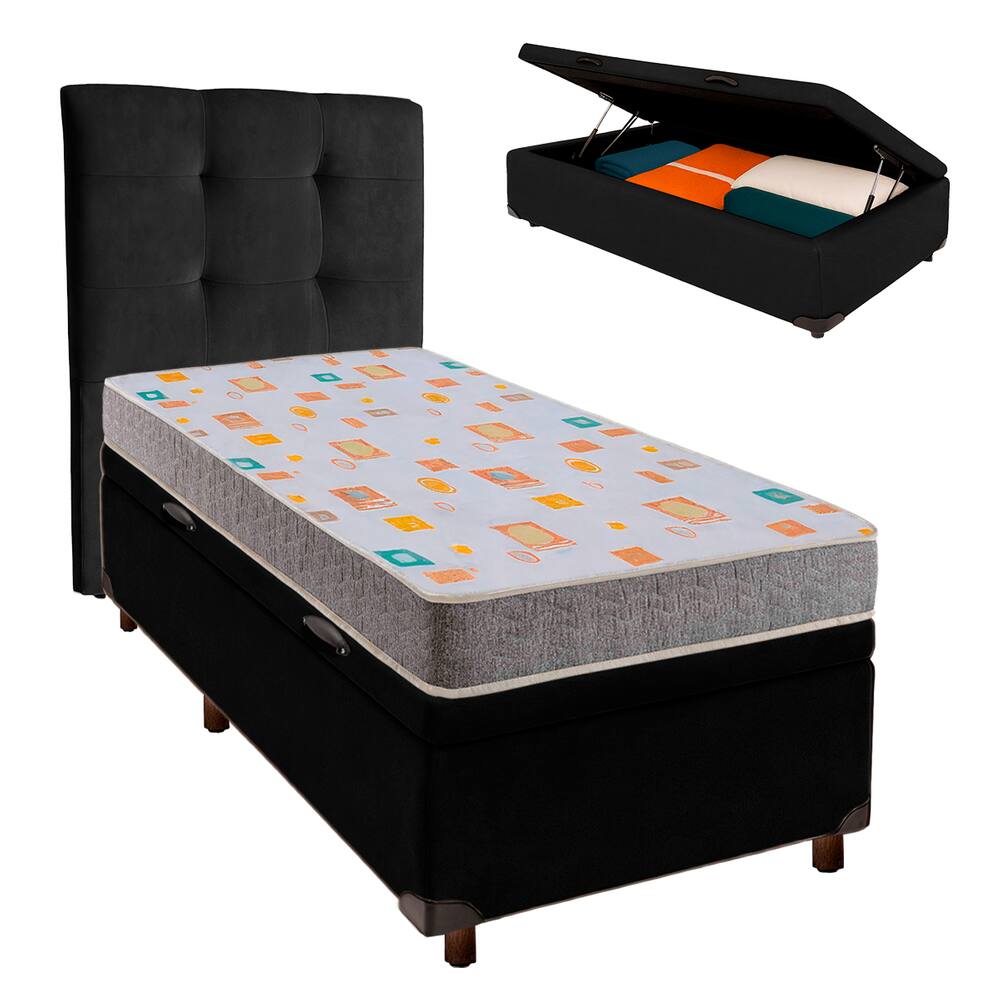 Conjunto Cama Box Bau Blindado Solteiro + Colchão D20 D20 Inducol + Cabeceira