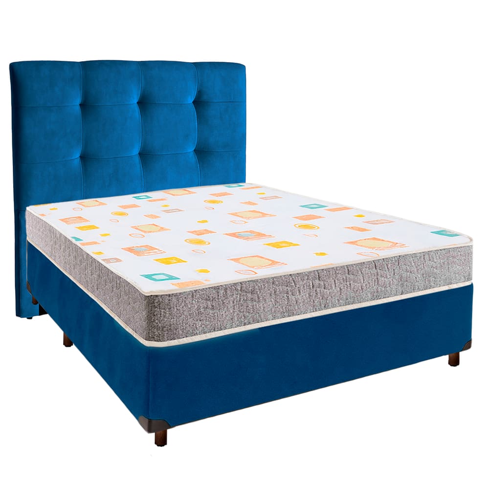 Cama + Box Azul e Colchão D20 Casal - D20 Inducol + Cabeceira