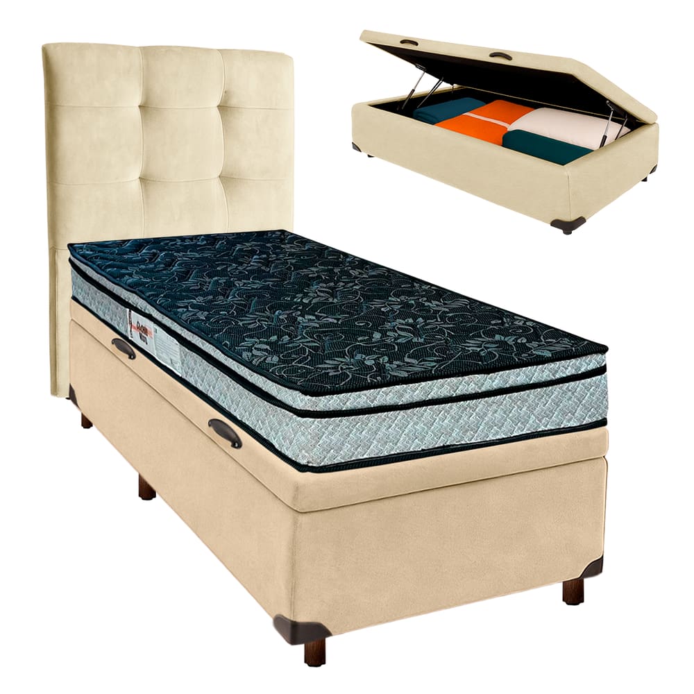 Cama Box Bau + Colchão Solteiro D28 Conforto Paropas + Cabeceira Estofada