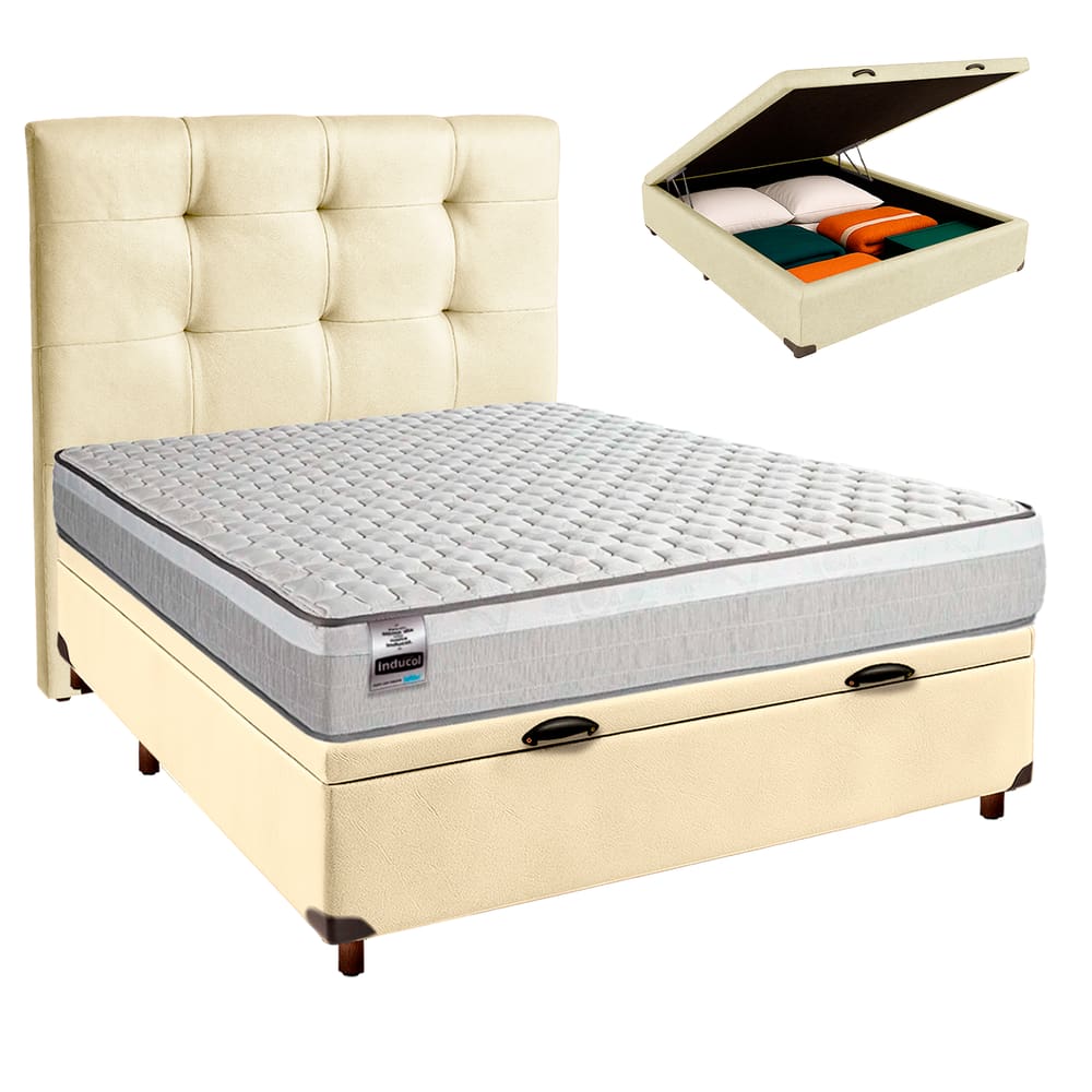 Kit Cama Box Bau + Cabeceira + Colchão Casal Molas Ensacadas - Hanover - Inducol