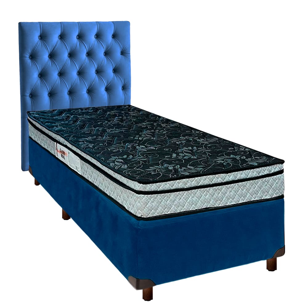 Cama + Box Azul e Colchão D28 Solteiro - Conforto Paropas + Cabeceira