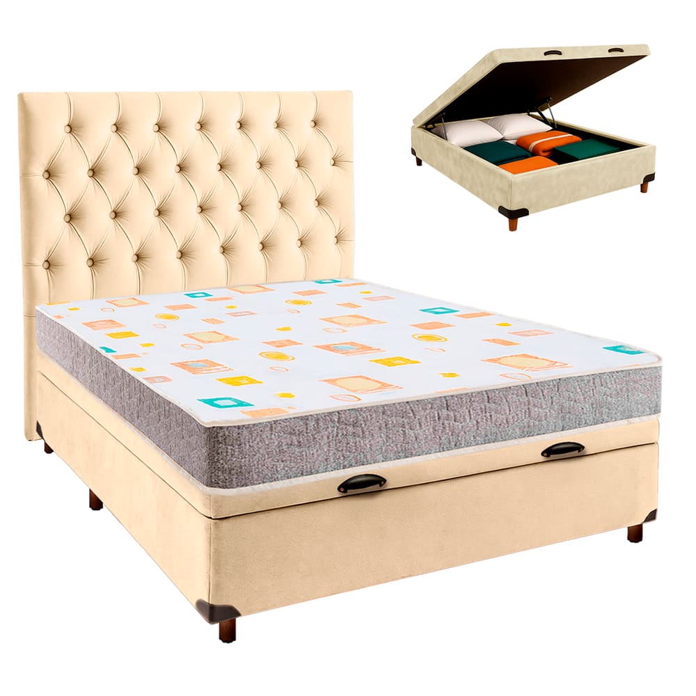 Cama Box Bau + Colchão Casal D20 D20 Inducol + Cabeceira Estofada