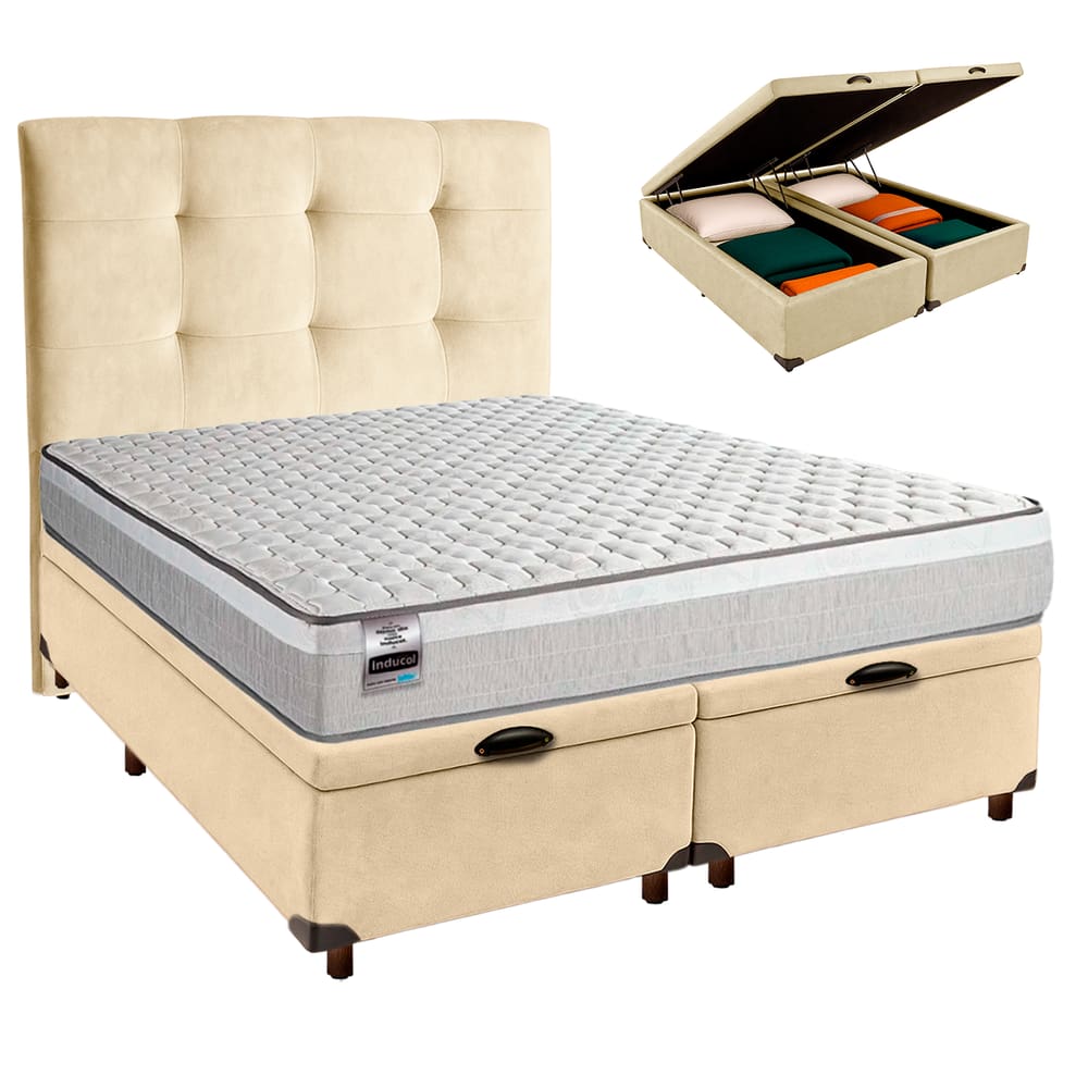 Conjunto Cama Box Bau Blindado King + Colchão Molas Ensacadas Hanover Inducol + Cabeceira