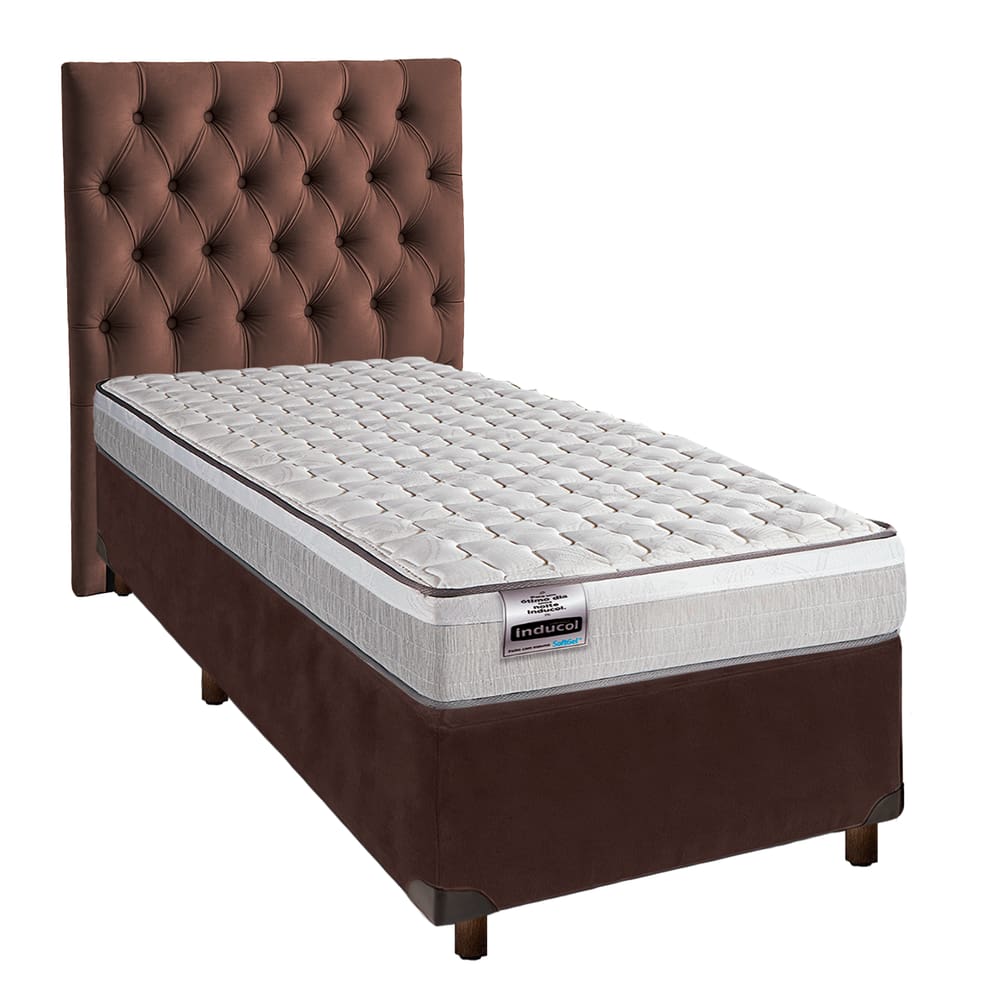 Cama + Box Marrom e Colchão Molas Ensacadas Solteiro - Hanover Inducol + Cabeceira