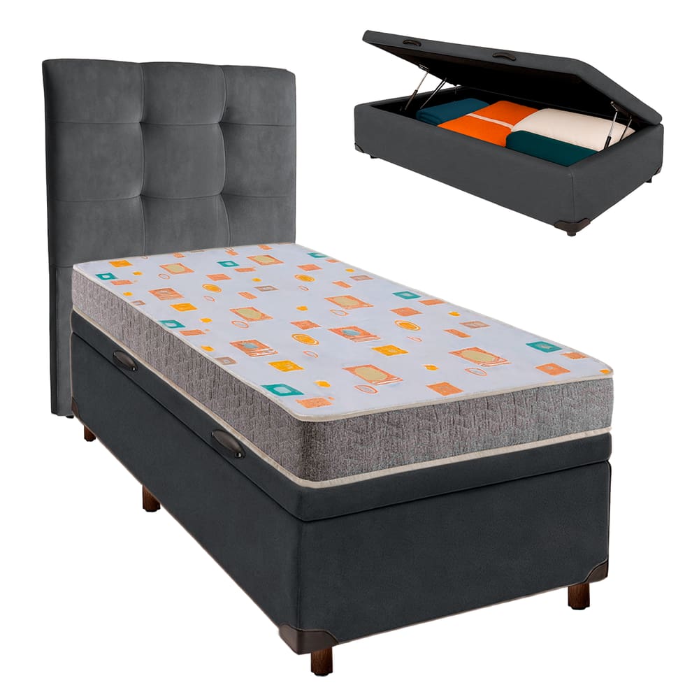 Kit Cabeceira + Cama Box Bau  + Colchão Solteiro D20 D20 Inducol