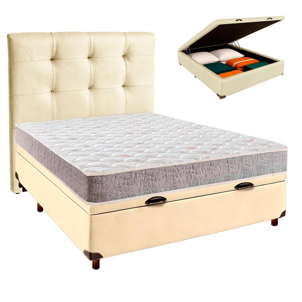 Cama Box Bau + Colchão Casal D23 D23 Inducol + Cabeceira Estofada