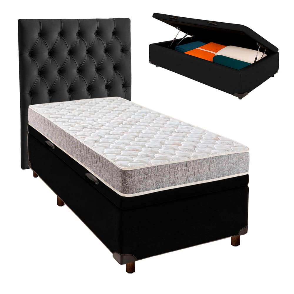 Cama Box Bau + Colchão Solteiro D33 D33 Inducol + Cabeceira Estofada