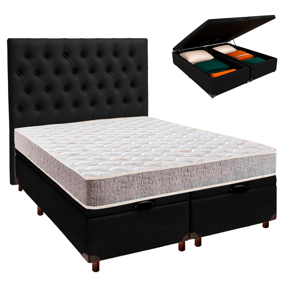 Cama Box Bau + Colchão Casal D33 D33 Inducol + Cabeceira Estofada