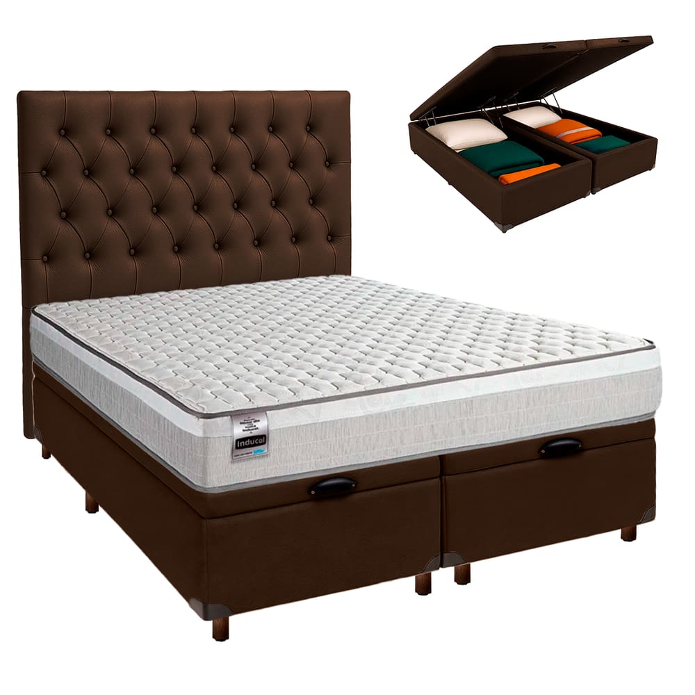 Cama + Bau Blindado e Colchão Molas Ensacadas Casal - Hanover Inducol + Cabeceira