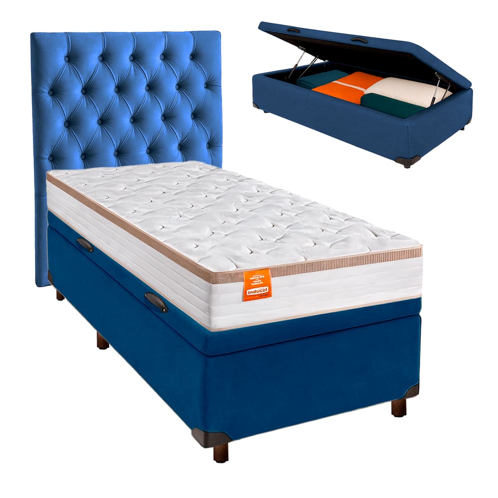 Cama + Bau Azul e Colchão Molas Ensacadas Solteiro - Isis Real Inducol + Cabeceira