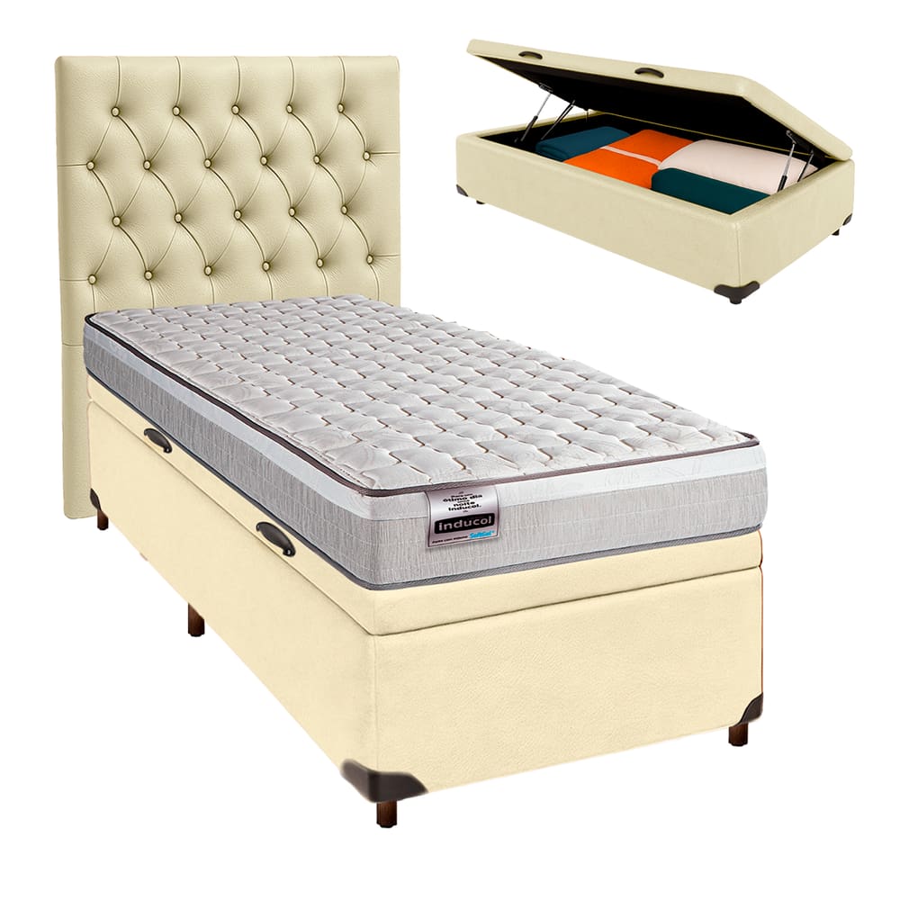 Cama + Bau Bege e Colchão Molas Ensacadas Solteiro - Hanover Inducol + Cabeceira
