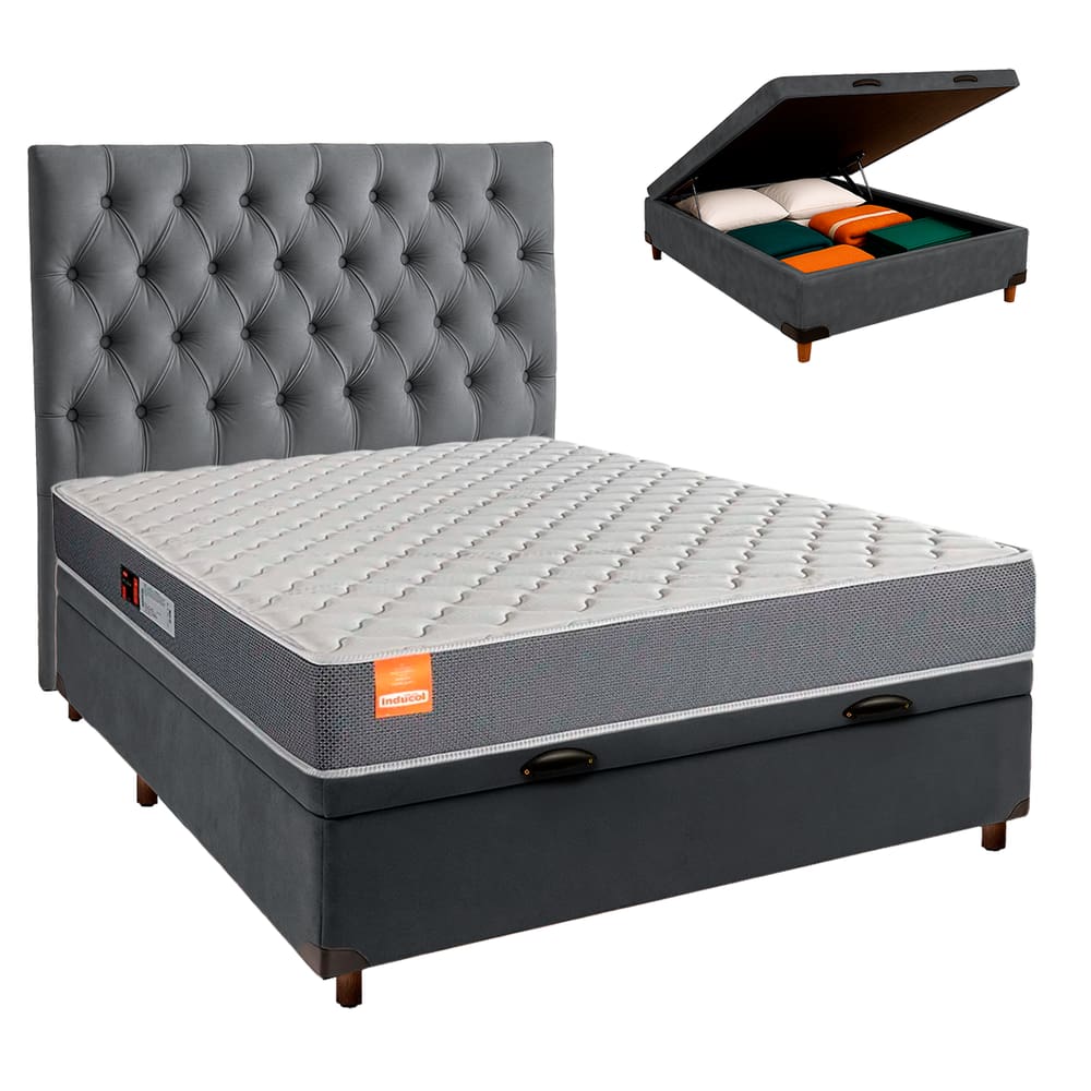 Cama Box Bau + Colchão Casal D23 Pro Inducol + Cabeceira Estofada