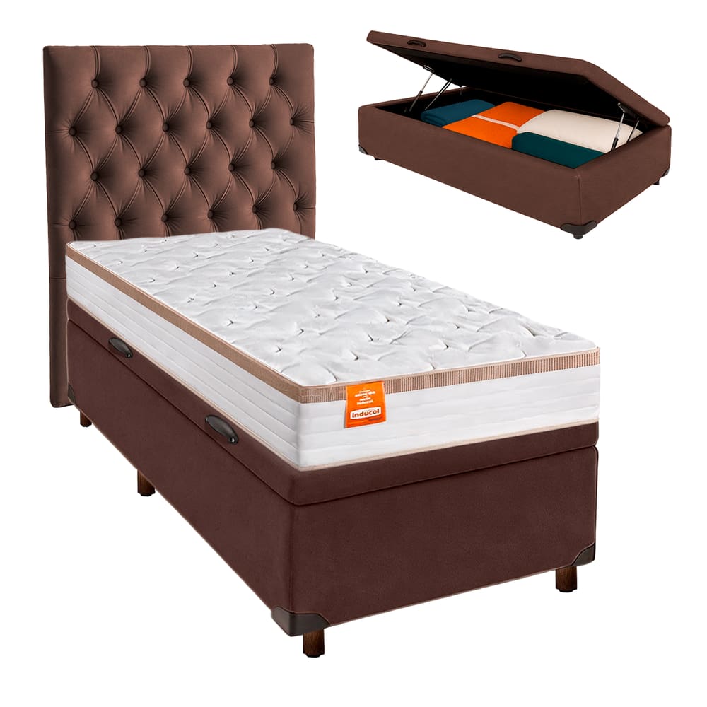 Conjunto Cama Box Bau Marrom Solteiro + Colchão Molas Ensacadas Isis Real Inducol + Cabeceira