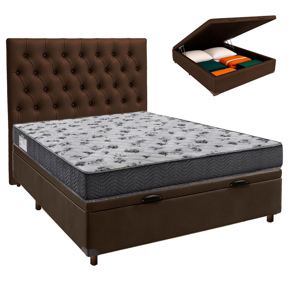 Conjunto Cama Box Bau Blindado Casal + Colchão D33 Iso100 Ortobom + Cabeceira