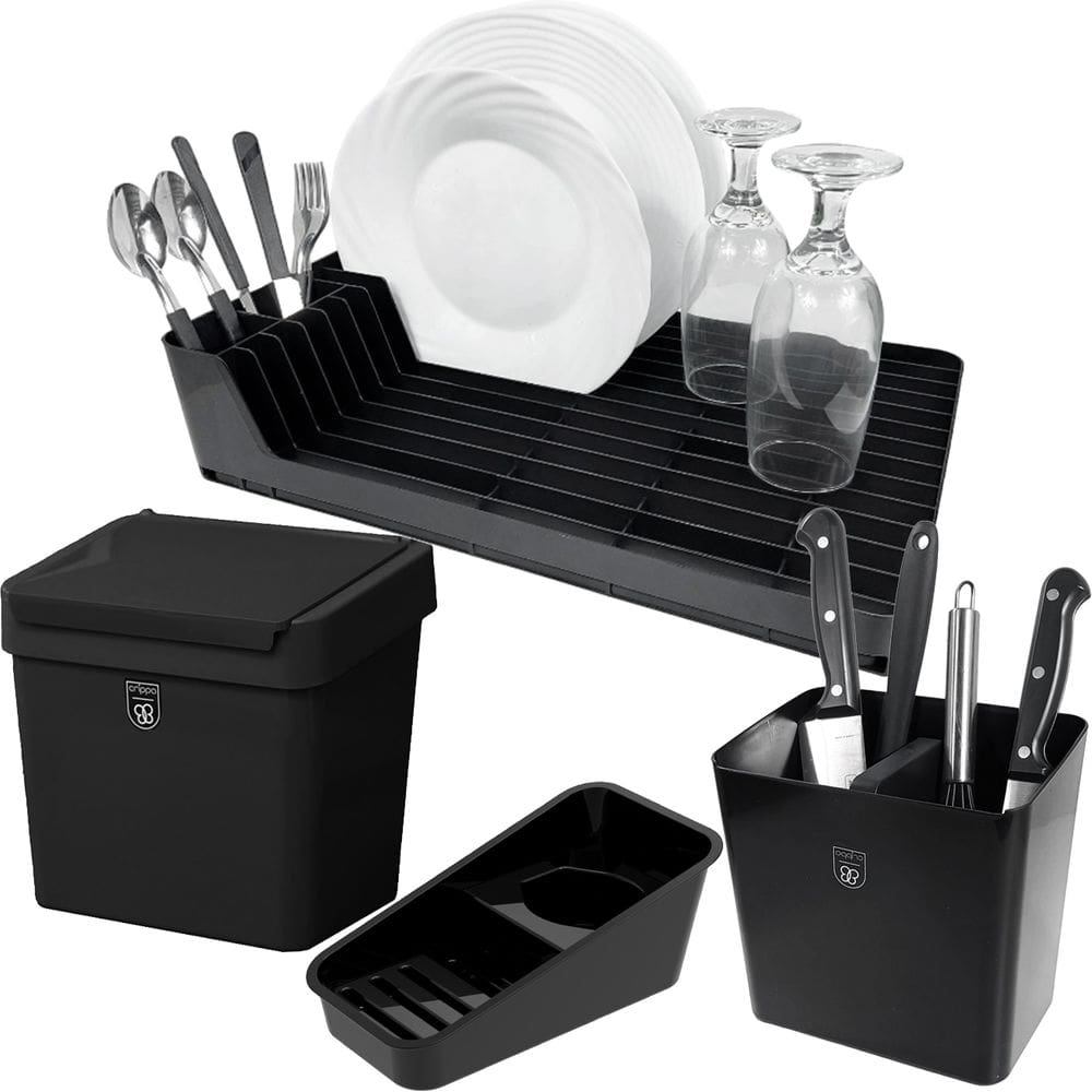Kit 4 Pç Organizador de Pia + Escorredor de Louça Talheres + Lixeira 2,5 Litros Com Tampa Cozinha Preto - Pop Crippa