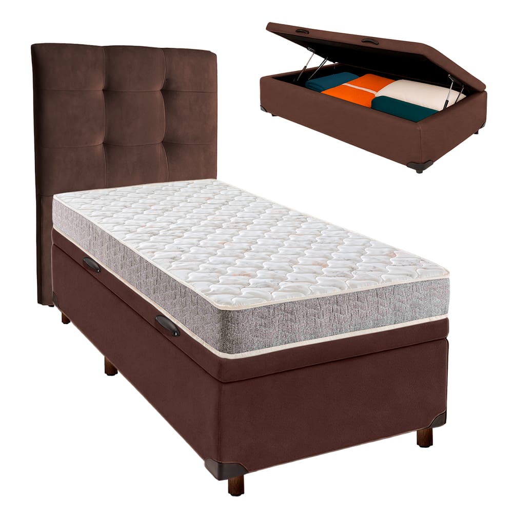 Conjunto Cama Box Bau Marrom Solteiro + Colchão D23 D23 Inducol + Cabeceira