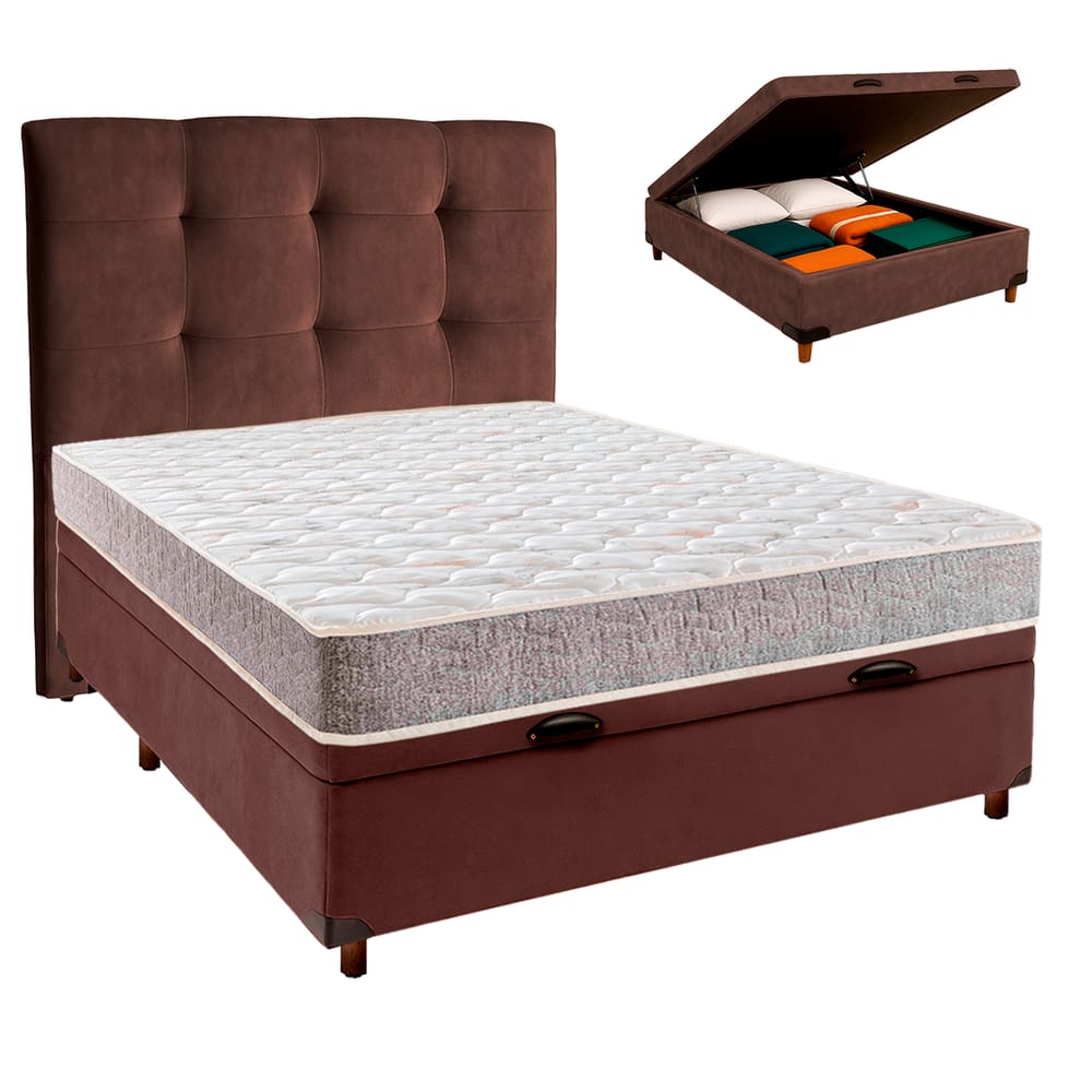 Cama Box Bau + Colchão Casal D23 D23 Inducol + Cabeceira Estofada