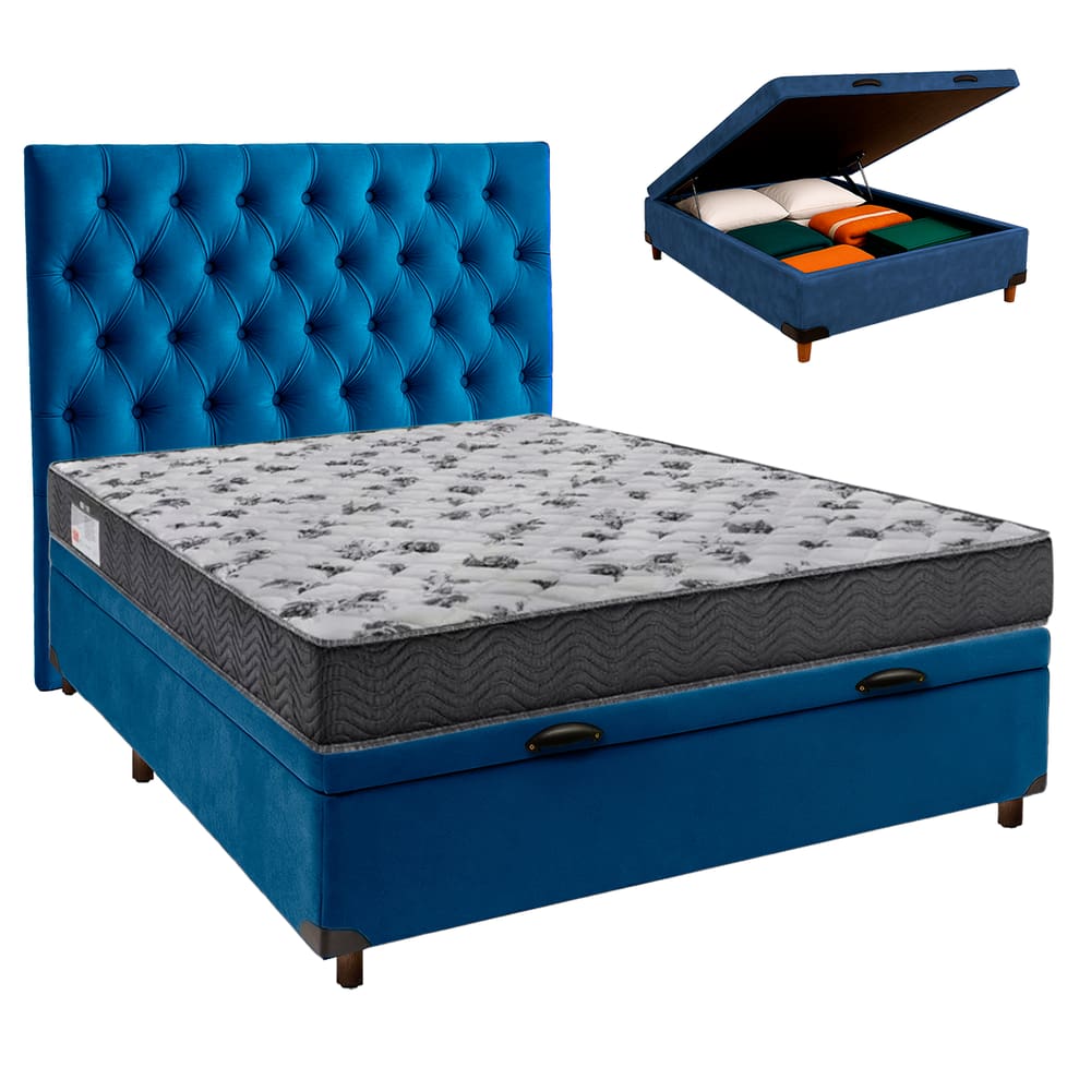 Cama + Bau Azul e Colchão Ortobom D33 Casal - Iso100 + Cabeceira