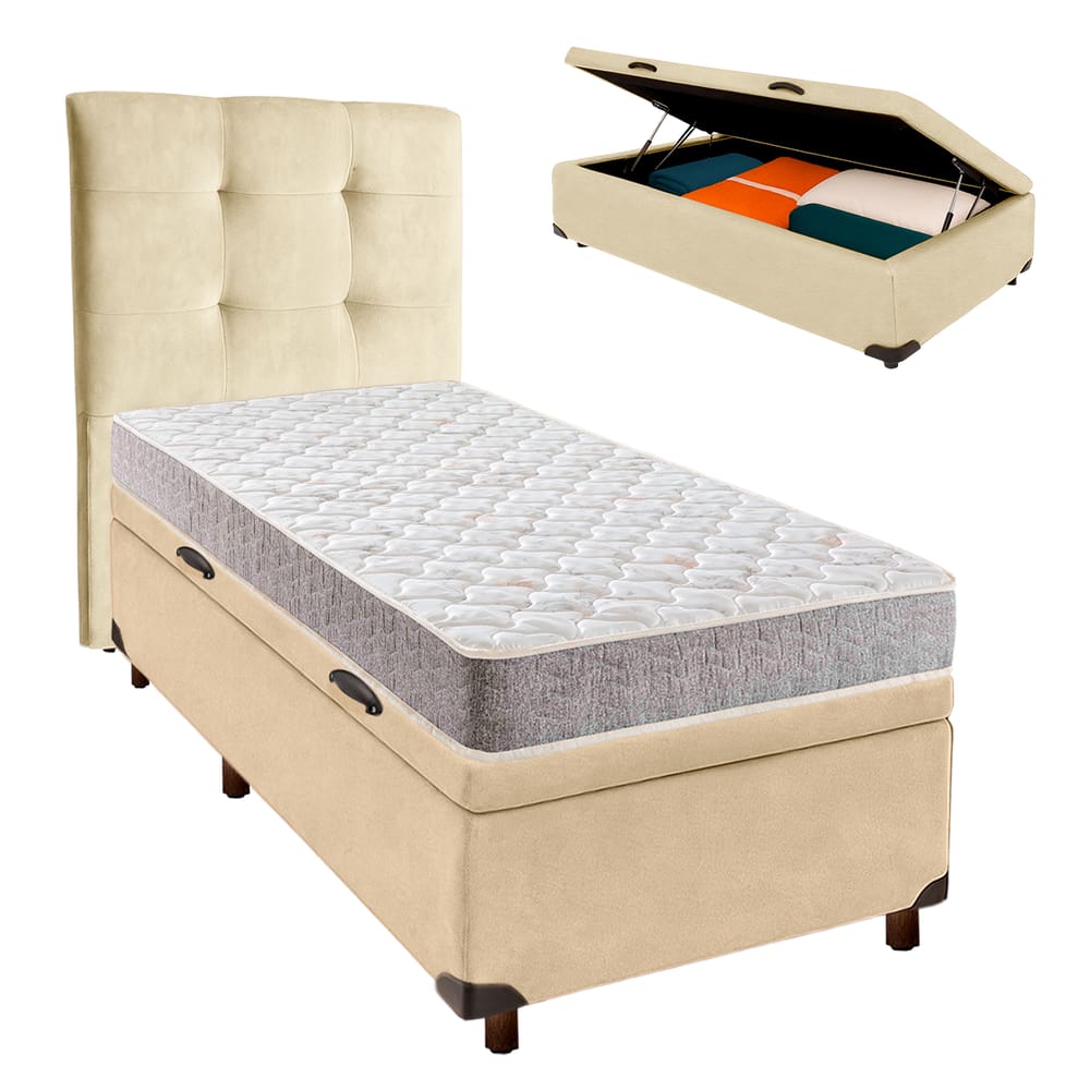Conjunto Cama Box Bau Perola Solteiro + Colchão D33 D33 Inducol + Cabeceira
